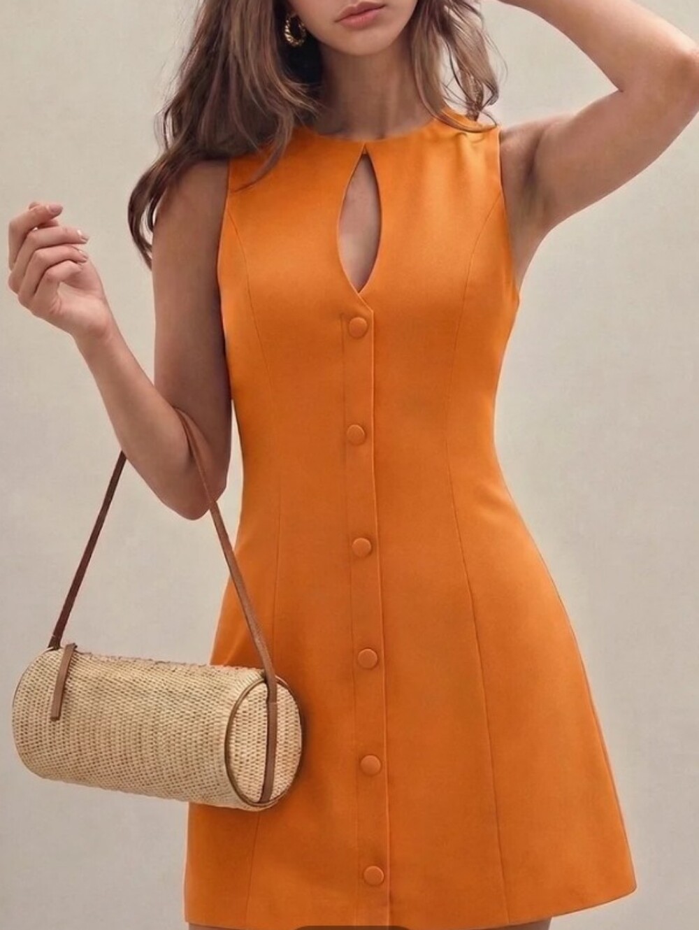 Commense Linen-blend Orange Sleeveless Keyhole-Front Mini Dress. Sz S. NEW